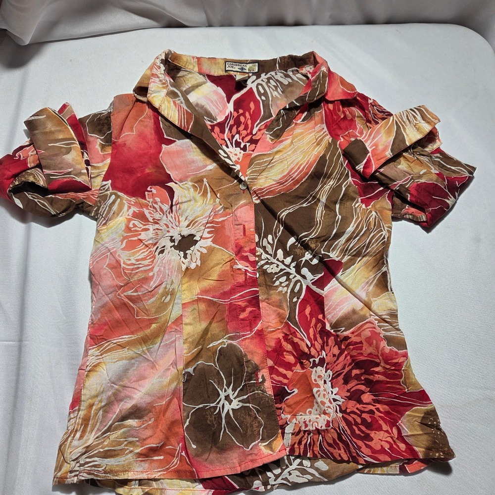 Caribbean Joe Womens Red Orange‎ Floral Tropical Cotton Button Down Shirt Size M